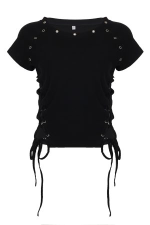 Black Cross Strap Waist-Baring Short Sleeve T-Shirt - Retro American Street Style Waist-Cinching Summer Top for Women