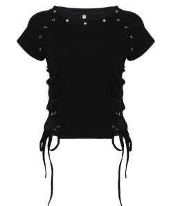 Black Cross Strap Waist-Baring Short Sleeve T-Shirt - Retro American Street Style Waist-Cinching Summer Top for Women