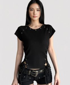 Black Cross Strap Waist-Baring Short Sleeve T-Shirt - Retro American Street Style Waist-Cinching Summer Top for Women