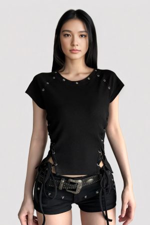 Black Cross Strap Waist-Baring Short Sleeve T-Shirt - Retro American Street Style Waist-Cinching Summer Top for Women