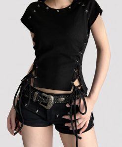 Black Cross Strap Waist-Baring Short Sleeve T-Shirt - Retro American Street Style Waist-Cinching Summer Top for Women