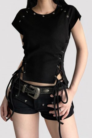 Black Cross Strap Waist-Baring Short Sleeve T-Shirt - Retro American Street Style Waist-Cinching Summer Top for Women