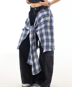 Black Deconstructed Patchwork Washed Wide-Leg Jeans for Women - Vintage American Streetwear, Versatile Curved Blade Design