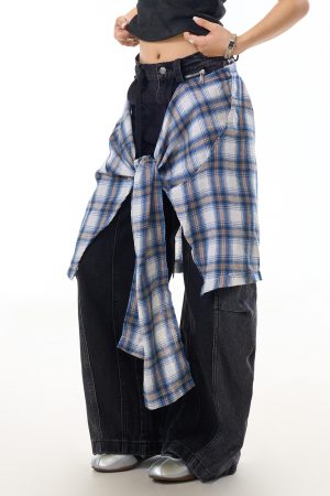 Black Deconstructed Patchwork Washed Wide-Leg Jeans for Women - Vintage American Streetwear, Versatile Curved Blade Design