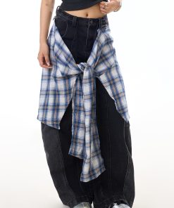 Black Deconstructed Patchwork Washed Wide-Leg Jeans for Women - Vintage American Streetwear, Versatile Curved Blade Design