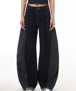 Black Deconstructed Patchwork Washed Wide-Leg Jeans for Women - Vintage American Streetwear, Versatile Curved Blade Design