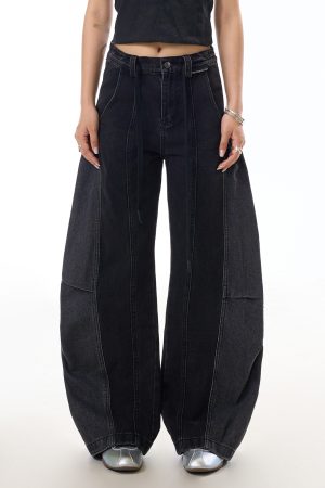Black Deconstructed Patchwork Washed Wide-Leg Jeans for Women - Vintage American Streetwear, Versatile Curved Blade Design