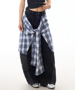 Black Deconstructed Patchwork Washed Wide-Leg Jeans for Women - Vintage American Streetwear, Versatile Curved Blade Design