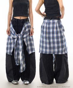 Black Deconstructed Patchwork Washed Wide-Leg Jeans for Women - Vintage American Streetwear, Versatile Curved Blade Design