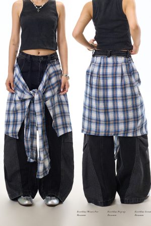 Black Deconstructed Patchwork Washed Wide-Leg Jeans for Women - Vintage American Streetwear, Versatile Curved Blade Design
