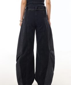Black Deconstructed Patchwork Washed Wide-Leg Jeans for Women - Vintage American Streetwear, Versatile Curved Blade Design