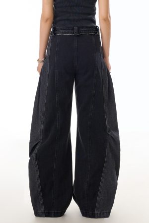 Black Deconstructed Patchwork Washed Wide-Leg Jeans for Women - Vintage American Streetwear, Versatile Curved Blade Design