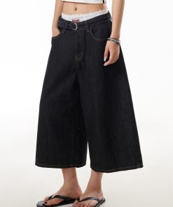 Black Denim Three-Quarter Jeans for Women - Summer Loose Wide-Leg Pants, Versatile Mid-Length Slimming Shorts, Y2K Style