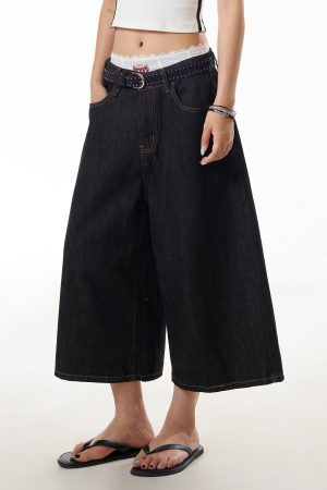Black Denim Three-Quarter Jeans for Women - Summer Loose Wide-Leg Pants, Versatile Mid-Length Slimming Shorts, Y2K Style