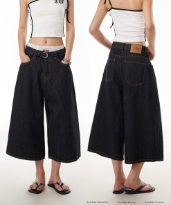 Black Denim Three-Quarter Jeans for Women - Summer Loose Wide-Leg Pants, Versatile Mid-Length Slimming Shorts, Y2K Style