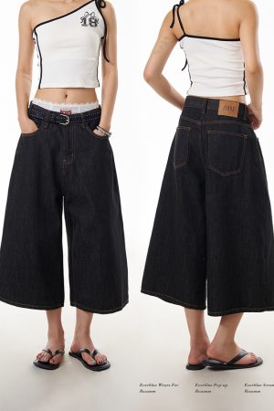 Black Denim Three-Quarter Jeans for Women - Summer Loose Wide-Leg Pants, Versatile Mid-Length Slimming Shorts, Y2K Style