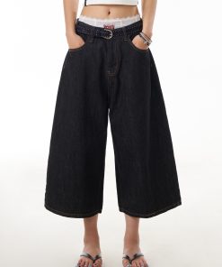 Black Denim Three-Quarter Jeans for Women - Summer Loose Wide-Leg Pants, Versatile Mid-Length Slimming Shorts, Y2K Style