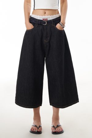 Black Denim Three-Quarter Jeans for Women - Summer Loose Wide-Leg Pants, Versatile Mid-Length Slimming Shorts, Y2K Style