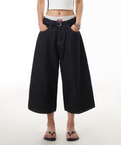 Black Denim Three-Quarter Jeans for Women - Summer Loose Wide-Leg Pants, Versatile Mid-Length Slimming Shorts, Y2K Style