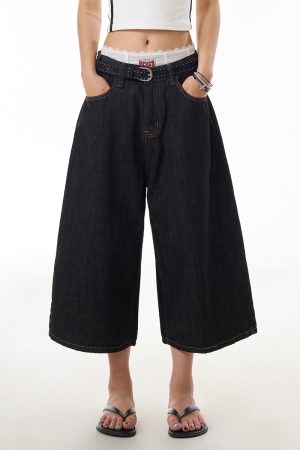 Black Denim Three-Quarter Jeans for Women - Summer Loose Wide-Leg Pants, Versatile Mid-Length Slimming Shorts, Y2K Style