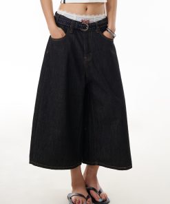 Black Denim Three-Quarter Jeans for Women - Summer Loose Wide-Leg Pants, Versatile Mid-Length Slimming Shorts, Y2K Style