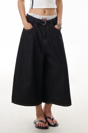 Black Denim Three-Quarter Jeans for Women - Summer Loose Wide-Leg Pants, Versatile Mid-Length Slimming Shorts, Y2K Style