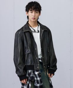 Black Distressed Faux Leather Jacket - Vintage Style, Edgy Fashion, Perfect for Layering, 90s Inspired Outerwear