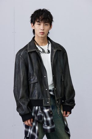 Black Distressed Faux Leather Jacket - Vintage Style, Edgy Fashion, Perfect for Layering, 90s Inspired Outerwear