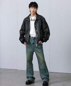 Black Distressed Faux Leather Jacket - Vintage Style, Edgy Fashion, Perfect for Layering, 90s Inspired Outerwear