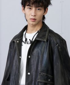 Black Distressed Faux Leather Jacket - Vintage Style, Edgy Fashion, Perfect for Layering, 90s Inspired Outerwear