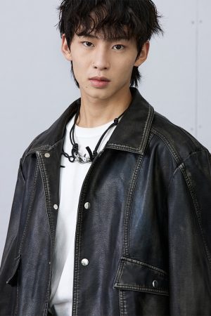 Black Distressed Faux Leather Jacket - Vintage Style, Edgy Fashion, Perfect for Layering, 90s Inspired Outerwear