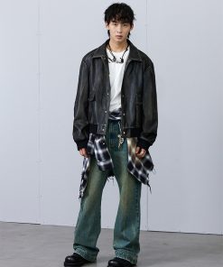 Black Distressed Faux Leather Jacket - Vintage Style, Edgy Fashion, Perfect for Layering, 90s Inspired Outerwear