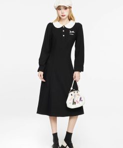 Black Dress for Women - 2025 Spring Autumn French Style Sweet Doll Collar Waist-Cinching Slim Fit Little Black Dress