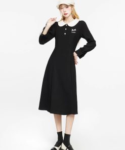 Black Dress for Women - 2025 Spring Autumn French Style Sweet Doll Collar Waist-Cinching Slim Fit Little Black Dress
