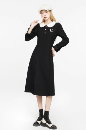 Black Dress for Women - 2025 Spring Autumn French Style Sweet Doll Collar Waist-Cinching Slim Fit Little Black Dress