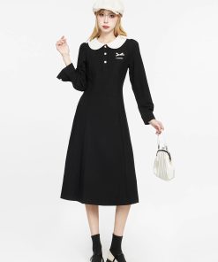 Black Dress for Women - 2025 Spring Autumn French Style Sweet Doll Collar Waist-Cinching Slim Fit Little Black Dress