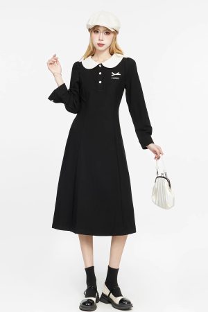 Black Dress for Women - 2025 Spring Autumn French Style Sweet Doll Collar Waist-Cinching Slim Fit Little Black Dress
