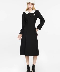 Black Dress for Women - 2025 Spring Autumn French Style Sweet Doll Collar Waist-Cinching Slim Fit Little Black Dress
