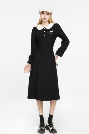 Black Dress for Women - 2025 Spring Autumn French Style Sweet Doll Collar Waist-Cinching Slim Fit Little Black Dress