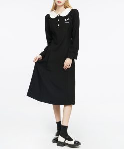 Black Dress for Women - 2025 Spring Autumn French Style Sweet Doll Collar Waist-Cinching Slim Fit Little Black Dress