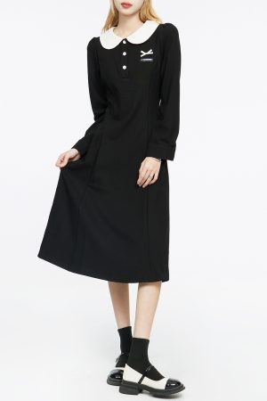 Black Dress for Women - 2025 Spring Autumn French Style Sweet Doll Collar Waist-Cinching Slim Fit Little Black Dress