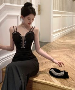Black Evening Gown Long Dress Women's French Hepburn Style with Rhinestones Low-Cut Deep V-Neck Spaghetti Straps for Banquet Events