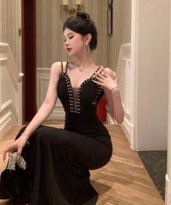 Black Evening Gown Long Dress Women's French Hepburn Style with Rhinestones Low-Cut Deep V-Neck Spaghetti Straps for Banquet Events
