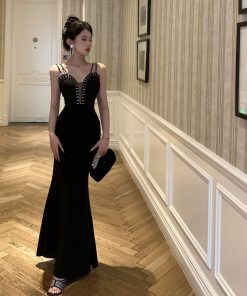 Black Evening Gown Long Dress Women's French Hepburn Style with Rhinestones Low-Cut Deep V-Neck Spaghetti Straps for Banquet Events