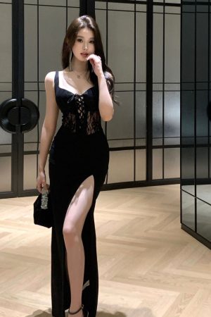 Black Evening Gown Women's High-End Lace Splicing Split Strap Dress for Banquet and Cocktail Events