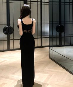 Black Evening Gown Women's High-End Lace Splicing Split Strap Dress for Banquet and Cocktail Events