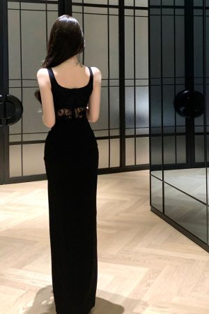 Black Evening Gown Women's High-End Lace Splicing Split Strap Dress for Banquet and Cocktail Events