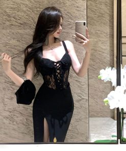 Black Evening Gown Women's High-End Lace Splicing Split Strap Dress for Banquet and Cocktail Events