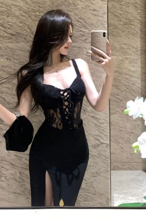 Black Evening Gown Women's High-End Lace Splicing Split Strap Dress for Banquet and Cocktail Events