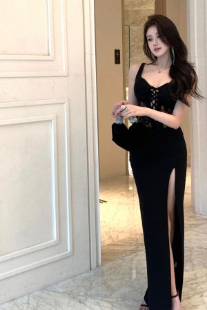 Black Evening Gown Women's High-End Lace Splicing Split Strap Dress for Banquet and Cocktail Events
